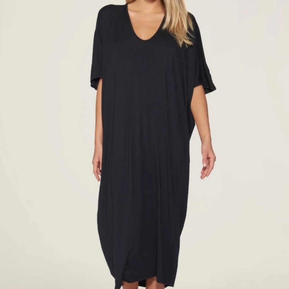 Barefoot Dreams Luxe Milk Jersey Caftan Nightgown Black One Size